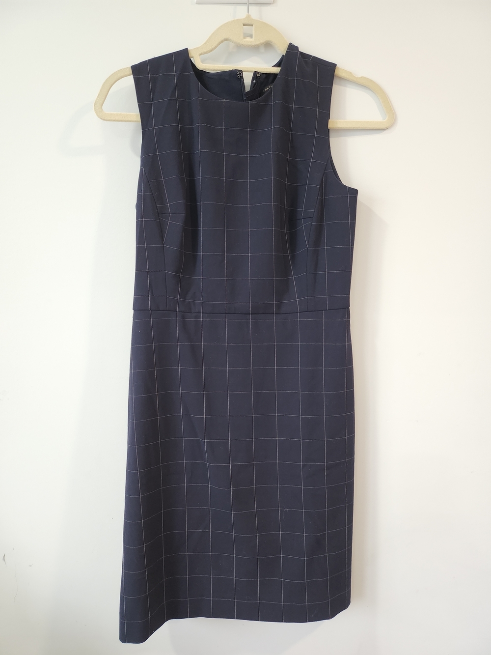 Ann Taylor Navy and White Windowpane Midi Sheath Dress